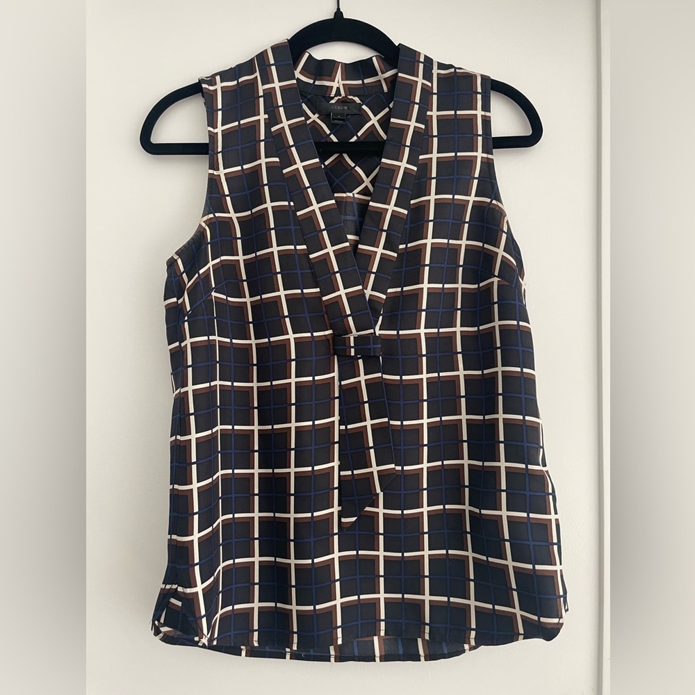 NWT J.CREW Size 0 Sleeveless silk-twill top in windowpane print Style F4542
